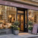 Vitrine de boutique habillée d’adhésifs, enseigne et panneau sur pied