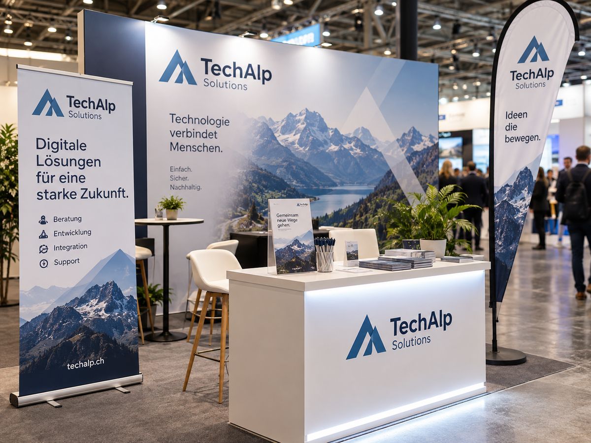 Stand de salon professionnel avec roll-up, beach flag et fond de stand