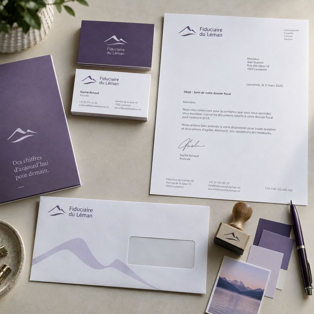 Papeterie d’identité visuelle : cartes de visite, papier à en-tête, enveloppe et tampon