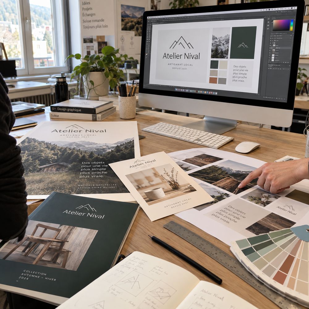 Bureau de graphiste avec épreuves imprimées, nuancier et écran de mise en page