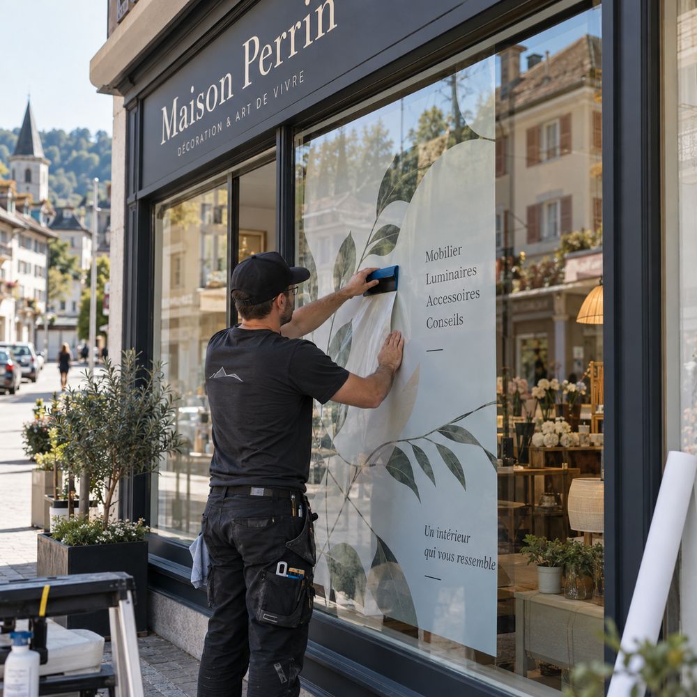 Poseur appliquant un adhésif de vitrophanie sur la vitrine d’un commerce